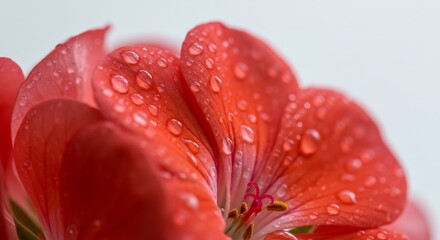 雨上がりの光を浴びて鮮やかに咲くゼラニウムのような赤い花のクローズアップ 水滴が花弁の上で宝石のようにきらめき瑞々しい生命力を伝える 柔らかい自然光がその繊細な美しさを強調する美しい瞬間. AI Generated