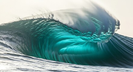 深みのあるターコイズブルーの巨大な波が逆光に照らされ内側から神秘的な輝きを放つ その力強く砕け散る躍動的な姿と光のコントラストが織りなす息をのむような海の絶景. AI Generated