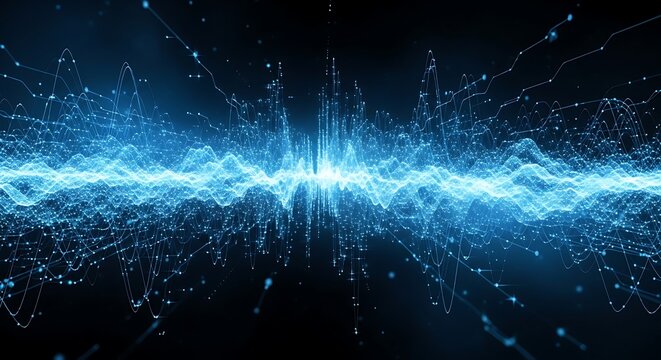 Abstract blue wave pattern with connecting dots on a dark background - Powered by Adobe