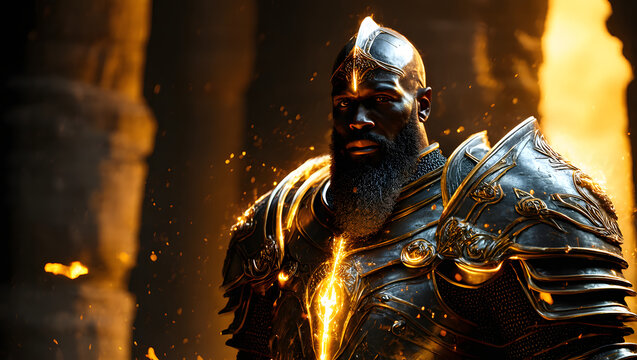 Mighty Warrior in Armor Standing Amongst Flames