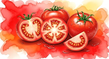 Watercolor painting of fresh tomatoes and sliced tomatoes on a table