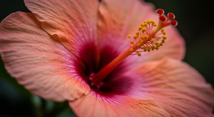 優しく降り注ぐ暖かな自然光を浴びて艶やかに咲き誇るピンクオレンジのハイビスカス 鮮やかな真紅の花芯と柔らかな花びらのコントラストが美しいボケで際立つ. AI Generated