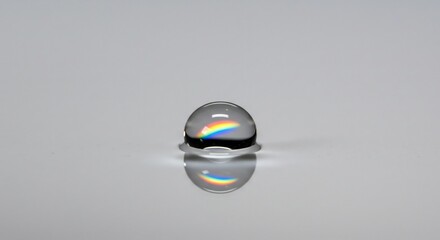無垢な白い背景の上で澄み切った透明な球体が光を鮮烈な虹色のスペクトルに美しく屈折させその下の床面には幻想的な光の反射が静かに広がる美しい光学現象. AI Generated