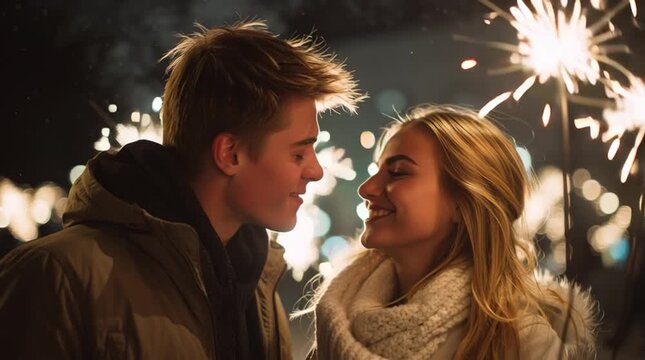A young couple kissing in front of sparklers at night in winter clothing