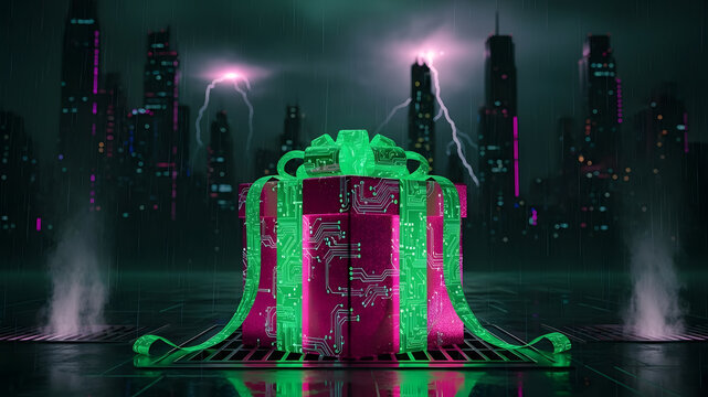 Futuristic technology holiday concept featuring a digital data present. High-tech 3D render with motherboard textures, neon lights, and storm atmosphere.