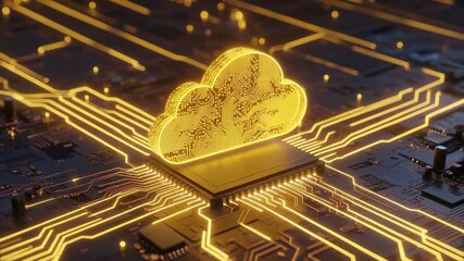 Glowing cloud computing symbol with internal circuitry details placed on a dark microprocessor platform representing data networking and future technology - Powered by Adobe