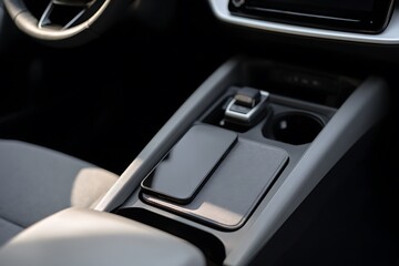 Obraz premium HIGH ANGLE VIEW OF MODERN CAR GEAR SHIFT AND WIRELESS CHARGING PAD IN CENTER CONSOLE FOR AUTOMOTIVE TECHNOLOGY CONCEPT