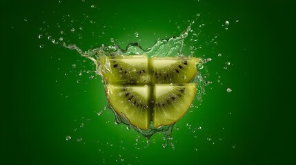 Pieces of kiwi with water spray on a green background