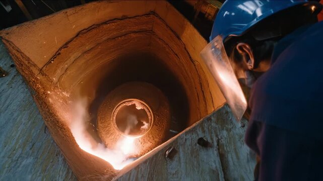 Medium shot of a worker applying refractory material inside a pouring ladle focusing on careful lining repair in an industrial foundry setting.