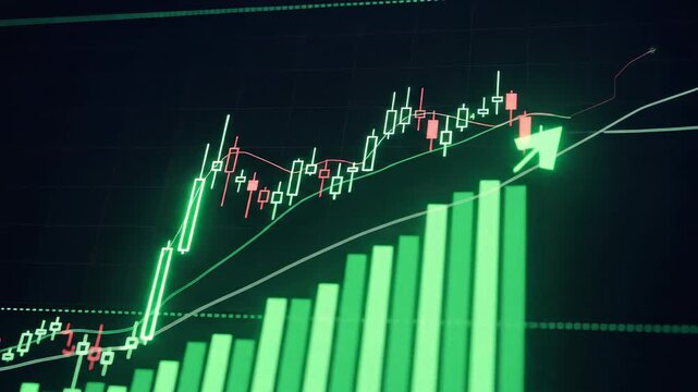 Vibrant digital financial chart displaying powerful market growth candlestick patterns and a large success arrow indicating massive profits