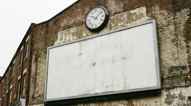 Old brick building with a blank billboard and a clock low angle view.