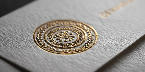 Luxurious gold foil stamped letterhead with elegant font and simple logo on crisp white paper, perfect for sophisticated corporate branding and identity design.