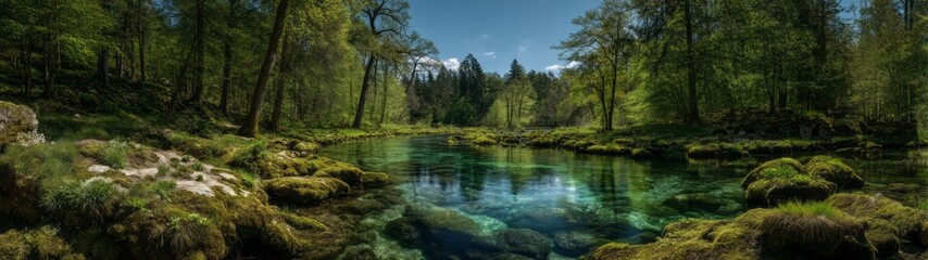 Fototapeta premium Serene river landscape forested area hdr panorama nature's tranquility