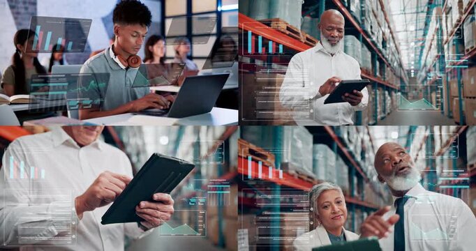 Logistics, series and people with data on tech to track stock turnover, graph overlay or WMS teamwork. Operations manager, analysts and visual charts in warehouse for seasonal trends or sales metrics - Powered by Adobe