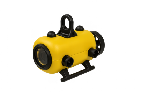 Yellow underwater drone exploring ocean with camera