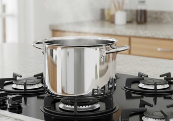 Stainless Steel Cooking Pot Steaming on Modern Black Glass Cooktop Stove
