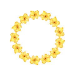 A circular arrangement of yellow flowers creates a vibrant floral frame. The flowers are bright and cheerful, suitable for various decorative purposes.