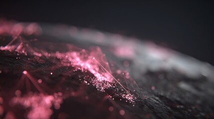 Macro Abstract Shot Of Glowing Pink Network Dots And Connecting Lines On Dark Surface For Data Virus Or Connectivity Concept