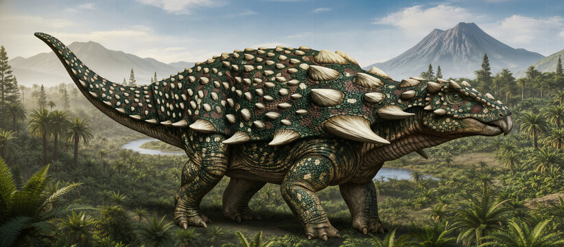 Acanthopholis horrida, a herbivorous nodosaurid ankylosaur dinosaur that lived during the Early Cretaceous period in England