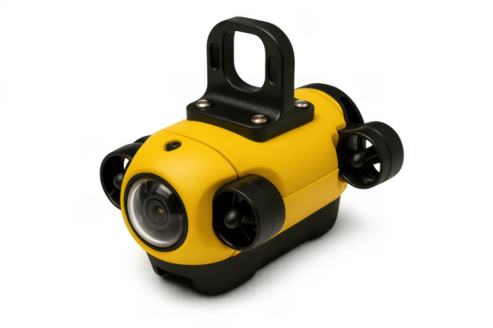 Yellow underwater drone observing marine life