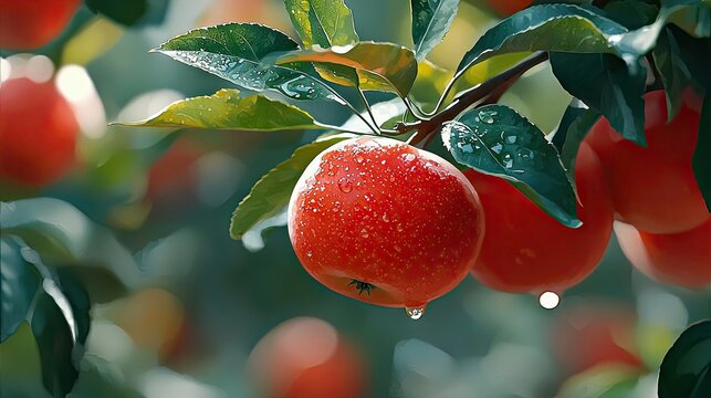 Close-up of red apples on a tree branch with green leaves and water droplets. The image is taken outdoors on a sunny day, with a blurred background. - Powered by Adobe