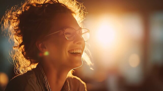 A woman with curly hair sits quietly, illuminated by glowing sunlight that creates a warm halo around her. The serene atmosphere enhances her contemplative expression, inviting ref