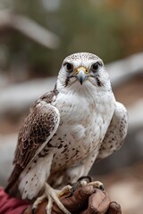 Naklejka premium CLOSE UP PORTRAIT OF WHITE FALCON LOOKING DIRECTLY AT CAMERA WHILE PERCHED ON HANDLER GLOVE FOR WILDLIFE CONSERVATION AND AVIAN PREDATOR CONCEPT