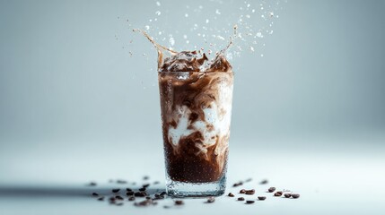 Iced Coffee Splash: Refreshing Drink with Creamy Swirls and Coffee Beans