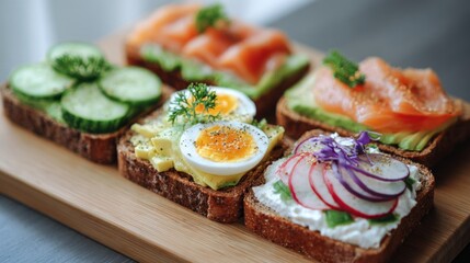 Selection of open sandwiches or toast, healthy and tasty snack ideas