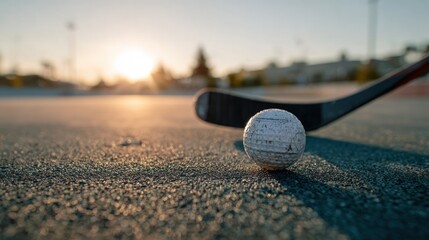 Field Hockey ball and stick at golden hour, sport equipment on asphalt