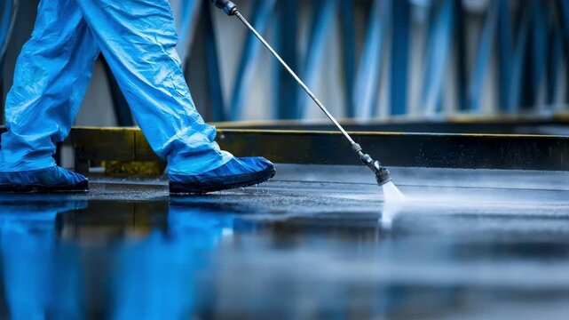 Medium shot of technician applying weatherproof nanocoating on outdoor metal surface for enhanced protection against rain and extreme climate conditions.
