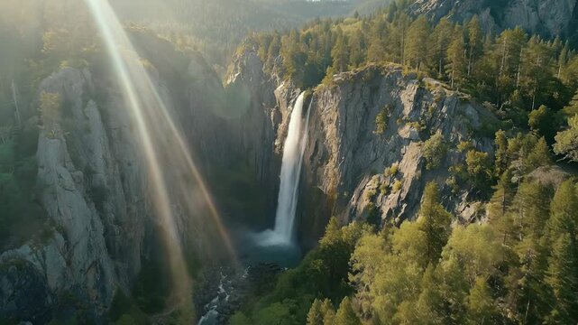A powerful waterfall cascades down steep cliffs, surrounded by vibrant green trees that sway gently in the breeze. Sunlight glimmers on the water, enhancing the natural beauty of t