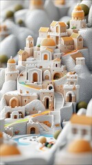 A whimsical illustration of a miniature Mediterranean village nestled on a mountain, featuring charming architecture and a vibrant, artistic style.