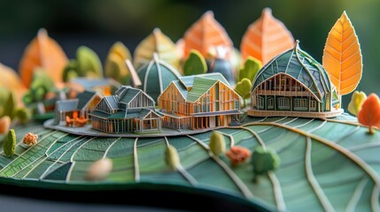 A close-up of a miniature village model with houses, trees, and foliage, set on a large leaf. The scene is well-lit with a soft, natural aesthetic.