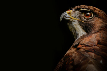 Close-up profile of a hawk against a dark background