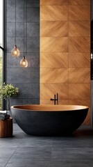 Interior of a modern bathroom with a black bathtub, wooden accents, and hanging lights. The space is well-lit and features a minimalist design.