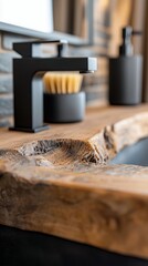 Close-up of a modern bathroom sink featuring a black faucet, wooden countertop, and other accessories. The focus is on the natural wood grain and the sleek desi