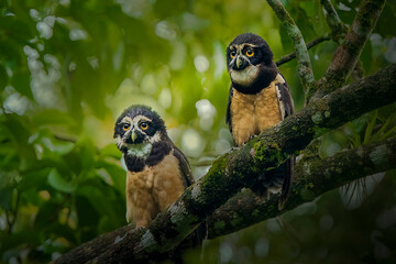 Portrait of a spectacled owl perched on a branch in a lush forest