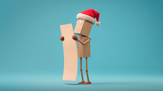 A cute anthropomorphic cardboard box character wearing a Santa hat is reading a long Christmas list. Concept of planning and organization in online shipping