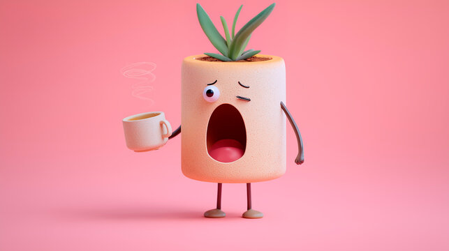 Anthropomorphic ceramic flowerpot character, exhausted, yawning with dark circles under its eyes, and holding a small espresso. Concept of fatigue and caffeine boost during holiday deliveries