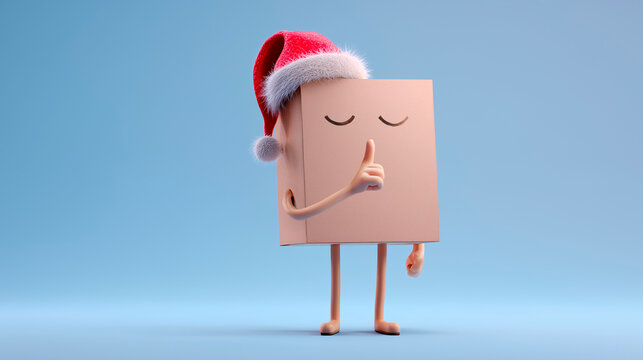 Anthropomorphic cardboard box character wearing a Santa hat making a shushing gesture, representing the concept of Christmas silence and online shopping package delivery