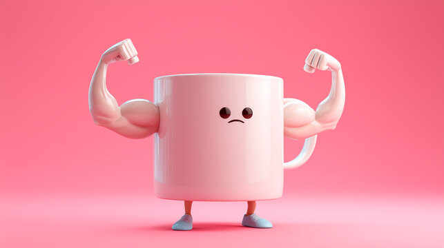 An anthropomorphic ceramic coffee cup character, flexing its powerful biceps in a bodybuilder pose. Concept of the power and energy of caffeine