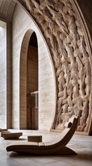 A modern lounge chair sits in a spacious architectural interior with a carved wall and arched doorway. The scene is bathed in natural light, creating a serene a