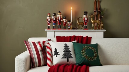 Festive christmas decorations adorn mantelpiece above sofa in cozy living room creating warm and inviting holiday atmosphere.