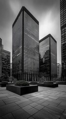 Black and white image of modern skyscrapers in Toronto, Canada, during the day. The image features a low-angle perspective, showcasing the architecture and the