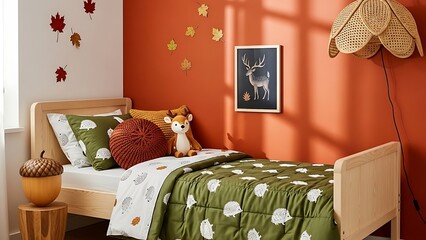 Cozy bedroom showcases autumnthemed decor with warm colors and playful animal motifs, creating a comforting and inviting atmosphere for relaxation.