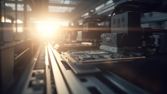 Automated machinery smoothly transports circuit boards along a sleek assembly line, illuminated by warm sunlight filtering through windows. The efficient workspace buzzes with the