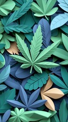 Close-up of a vibrant pattern composed of paper leaves in various shades of green, blue, and beige. The leaves are arranged in a layered composition.