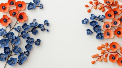 Close-up of a decorative arrangement of paper flowers in shades of orange and blue, set against a clean white background. The image highlights the intricate det
