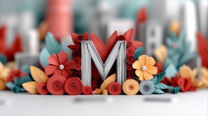 A close-up shot of the letter M made of paper, surrounded by colorful paper flowers and leaves, creating a decorative and artistic composition.